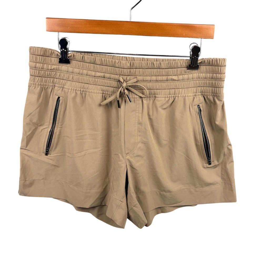 Athleta Camden Short Women 12 Khaki Tan Smocked Waist Zip Pocket Athletic Hiking